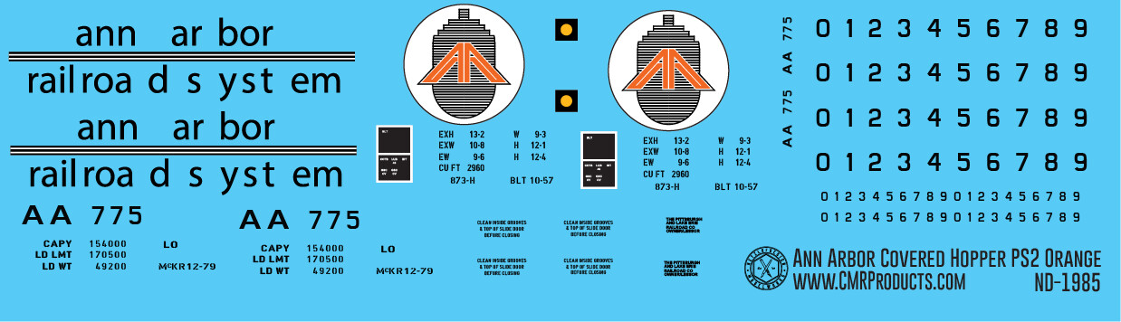 N Scale - Ann Arbor Orange 2 Bay PS2 Covered Hopper Decals