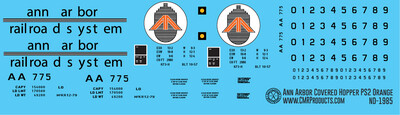 HO Scale - Ann Arbor Orange 2 Bay PS2 Covered Hopper Decals