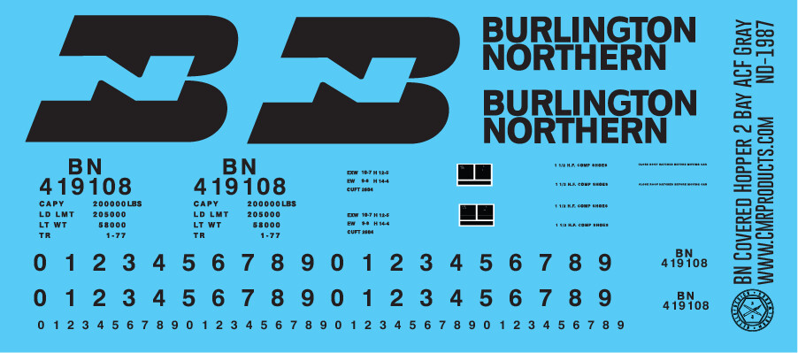 HO Scale - Burlington Northern (BN) 2 Bay ACF Covered Hopper Gray Decal