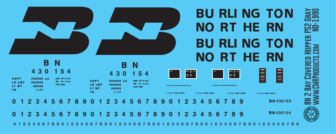 HO Scale - Burlington Northern (BN) 2 Bay PS2 Covered Hopper Gray Decal