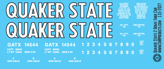 N Scale - Quaker State 2 Dome Tank Car Decals
