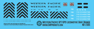 O Scale - Western Pacific Gray Orange GP9 Locomotive Decals