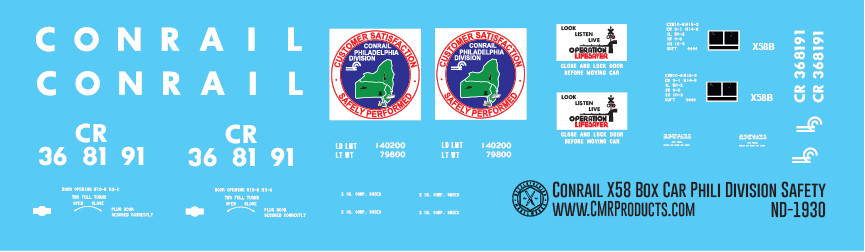 Conrail X58 Box Car Phili Division Safety Logo Decals