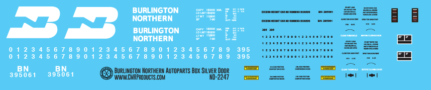 N Scale - Burlington Northern 4 SIlver Door Auto Parts Box Car Decals