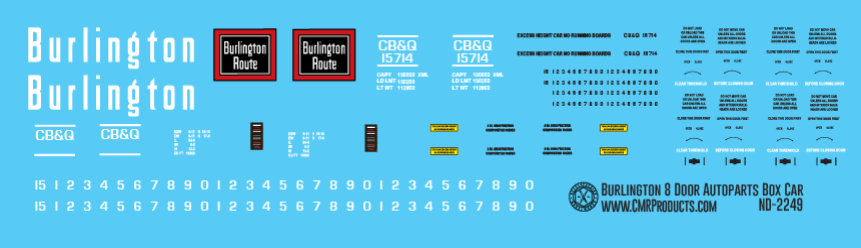 N Scale - Chicago Burlington Quincy 8 Door Auto Parts Box Car Decals