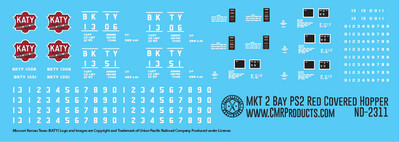 HO Scale - Katy (MKT) 2 Bay Red PS2 Covered Hopper Decals