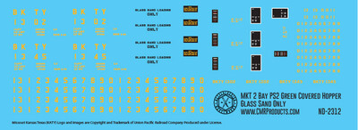 N Scale - Katy (MKT) 2 Bay Green Glass Service PS2 Covered Hopper Decals