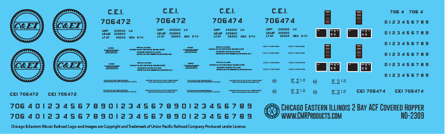 Chicago Eastern Illinois 2 Bay ACF Covered Hopper Decals