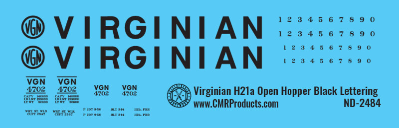 Virginian H21a Open Hopper Black Lettering Decals