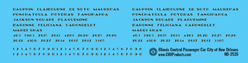 Illinois Central City of New Orleans Passenger Car Name Decals