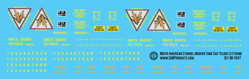 N Scale - North American Ethanol Modern Tank Car Yellow Lettering Decals