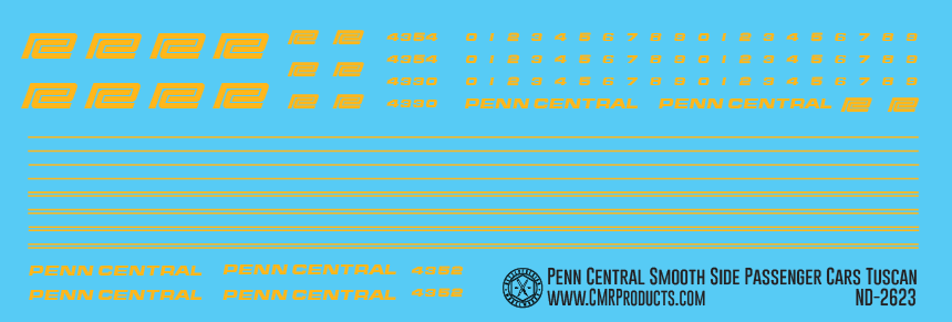 HO Scale - Penn Central Tuscan Smooth Side Passenger Car Decals