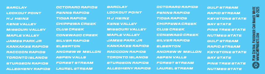 N Scale - Penn Central White Passenger Car Name Decals