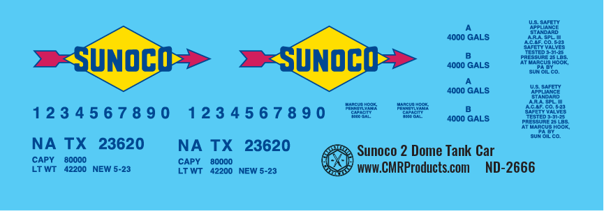 HO Scale - Sunoco 2 Dome Tank Car Decals