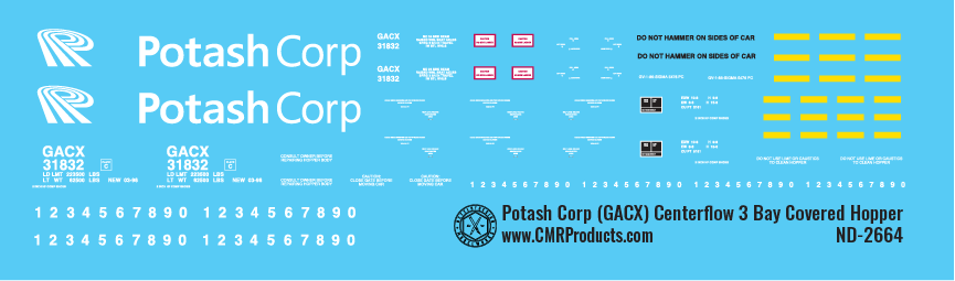 HO Scale - Potash Corp (GACX) 3 Bay Centerflow Hopper Decals