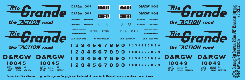 Denver Rio Grande Western 2 Bay ACF Covered Hopper Decals
