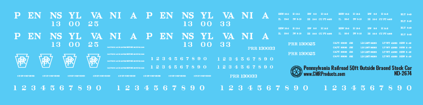 Pennsylvania Railroad 50ft Outside Braced Stock Car Decals