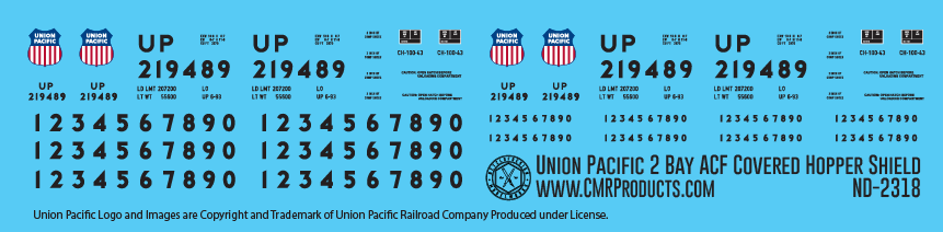 HO Scale - Union Pacific with Shield 2 Bay ACF Covered Hopper Decals