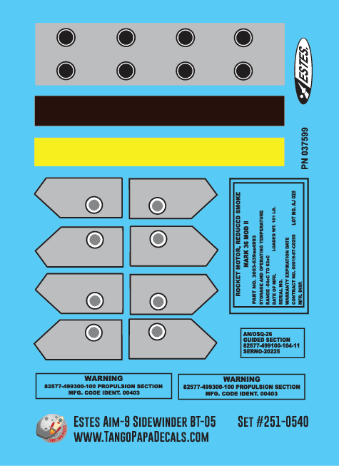 Estes Aim-9 Sidewinder BT05 Sized Decals