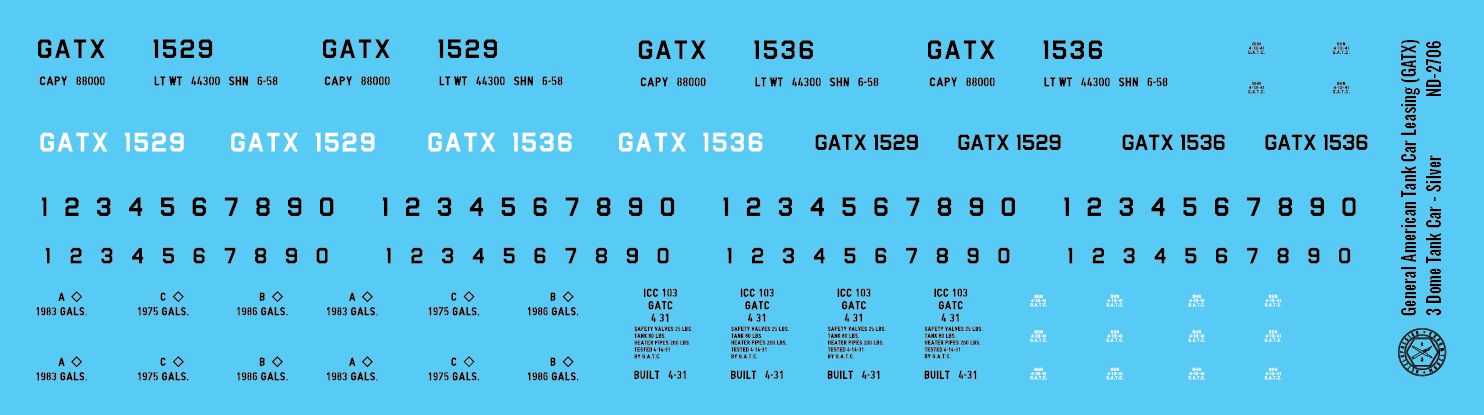 N Scale - General American (GATX) Silver 3 Dome Tank Car Decals
