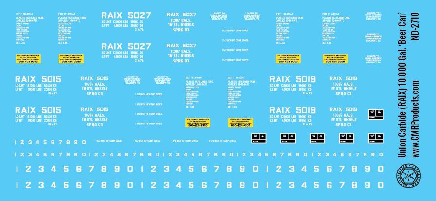 N Scale - Union Carbide (RAIX) 10,000 Gal Beer Can Tank Car Decals