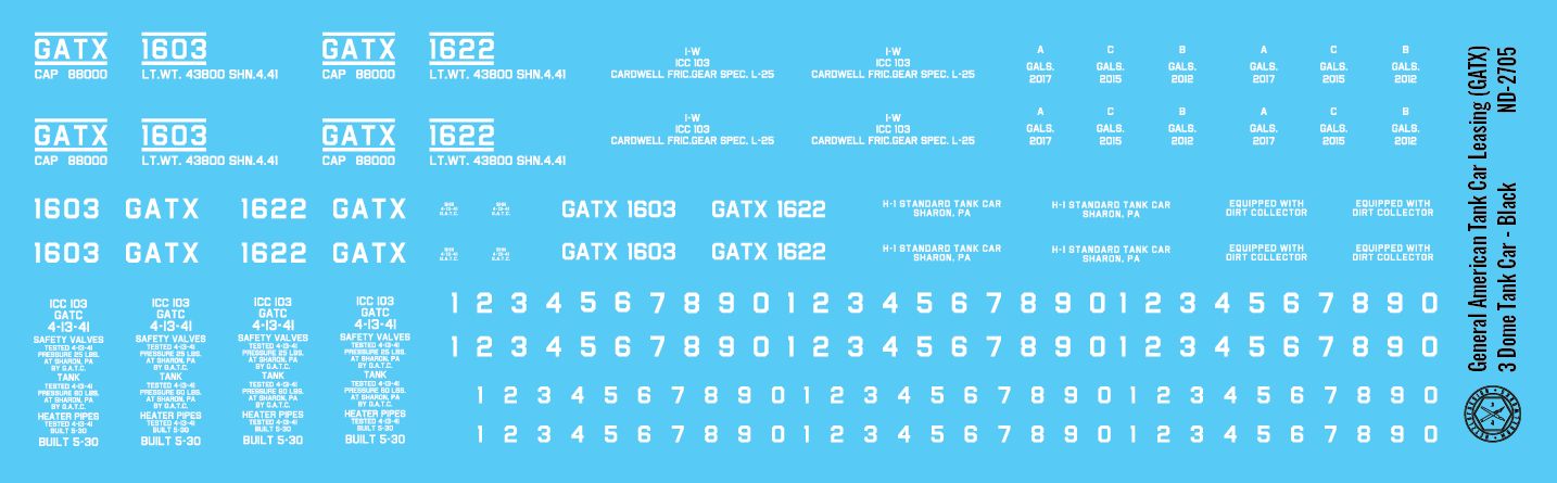 HO Scale - General American (GATX) Black 3 Dome Tank Car Decals