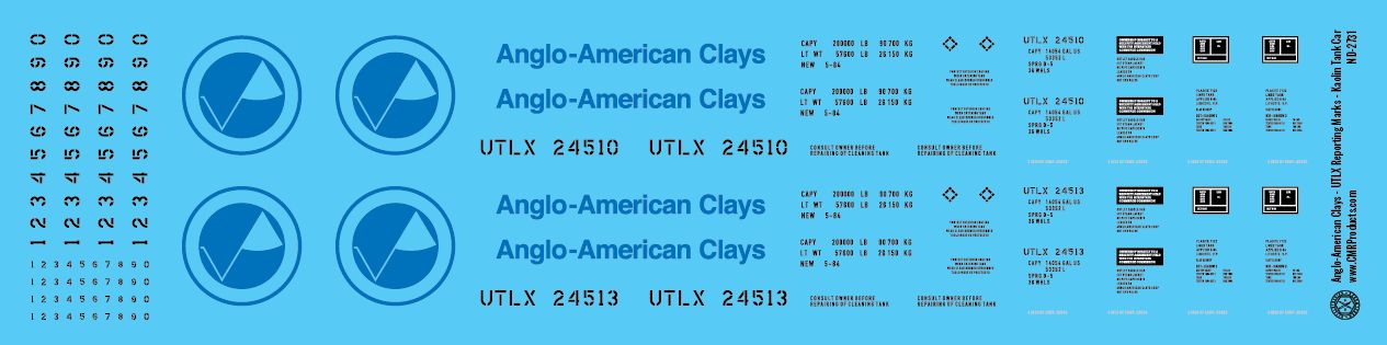 N Scale - Anglo-American Clays - UTLX - Kaolin Tank Car Decals