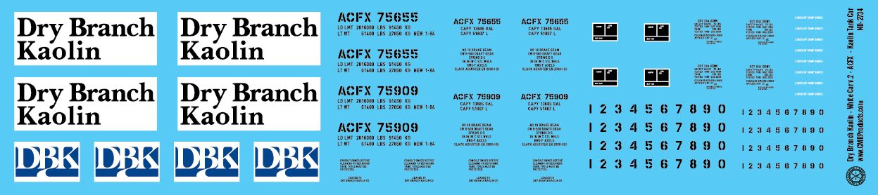 HO Scale - Dry Branch Kaolin - White Car v2 - ACFX - Kaolin Tank Car Decals