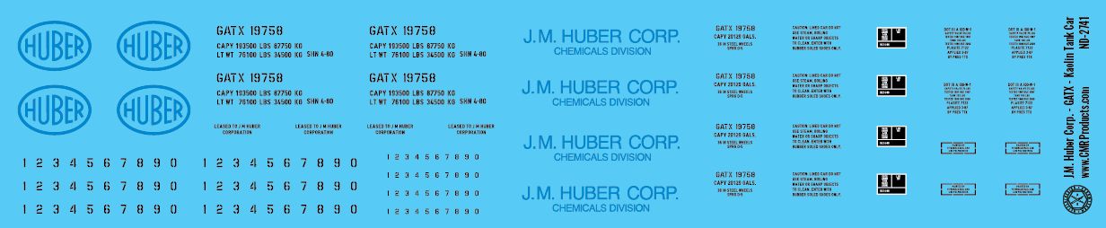 N Scale - J.M. Huber Corp - GATX - Kaolin Tank Car Decals