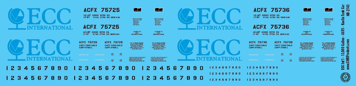 N Scale - ECC International - 13,000 Gal - ACFX - Kaolin Tank Car Decals