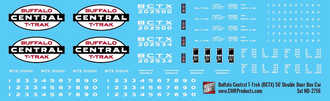 HO Scale - Buffalo Central T-Trak 50ft Double Door Boxcar Decals
