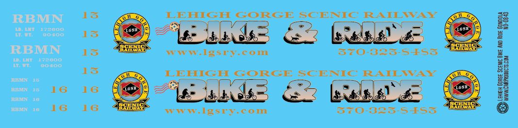 HO Scale - Lehigh Gorge Scenic Railroad Bike &amp; Ride Open Car Decal Set (RBMN)