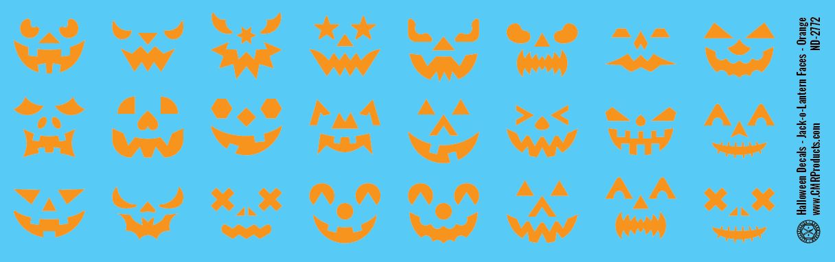 N Scale - Halloween Decals - Jack-O-Lantern Faces - Orange
