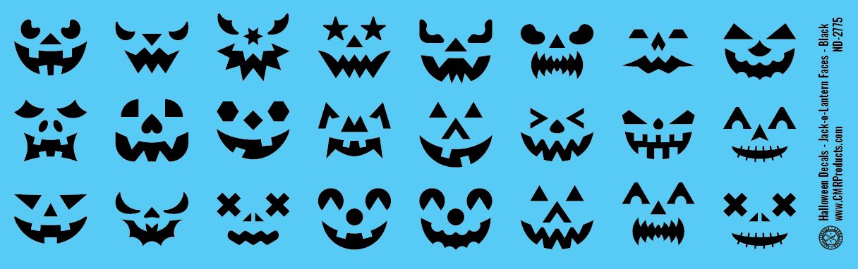 HO Scale - Halloween Decals - Jack-O-Lantern Faces - Black