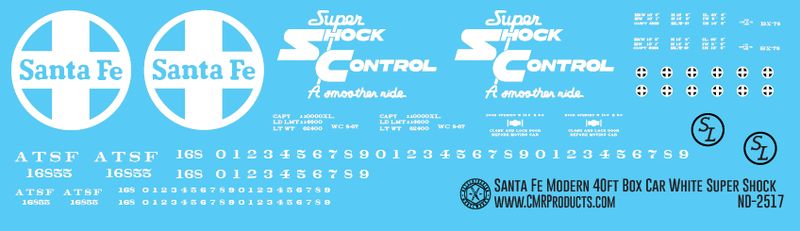 Santa Fe 40ft Modern White Super Shock  Box Car Decal Set