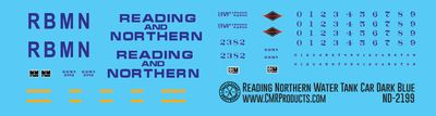 Reading Northern Water Supply Tank Car Dark Blue Decals