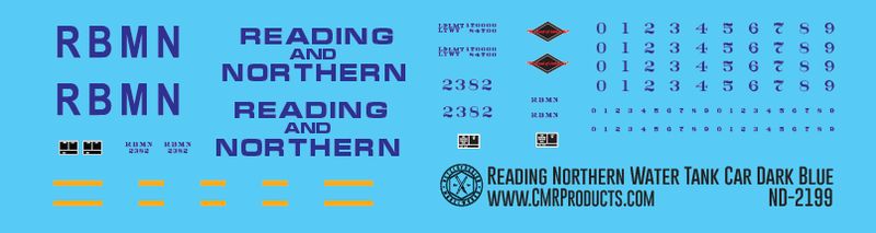 Reading Northern Water Supply Tank Car Dark Blue Decals