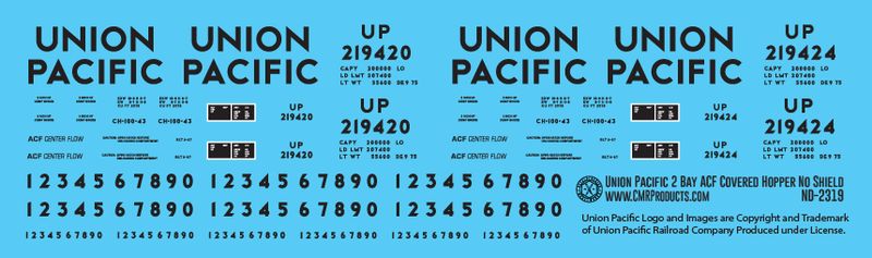 Union Pacific no Shield 2 Bay ACF Covered Hopper Decals