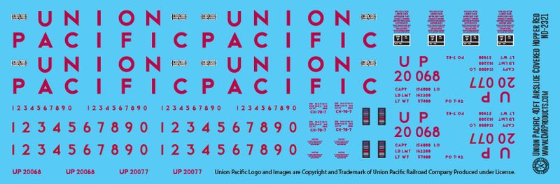 Union Pacific Red Lettering 40ft Airslide Covered Hopper Decals
