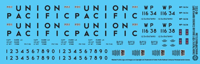 Union Pacific 40ft Airslide WP Covered Hopper Decals