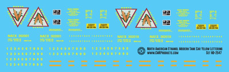 North American Ethanol Modern Tank Car Yellow Lettering Decals