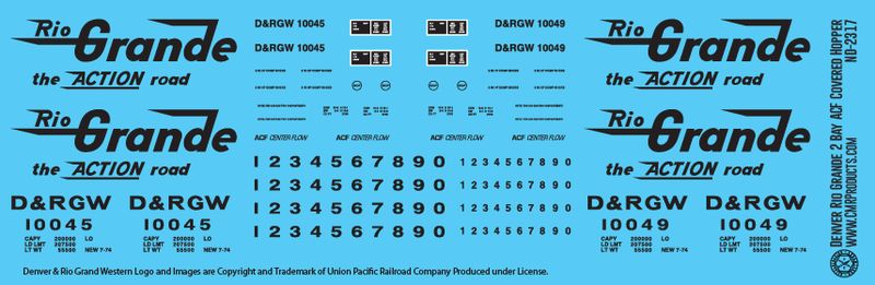 Denver Rio Grande Western 2 Bay ACF Covered Hopper Decals