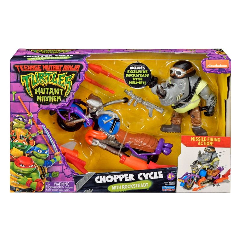 Tortues Ninja - Figurine avec véhicule Rocksteady &amp; Chopper 12 cm - Playmates