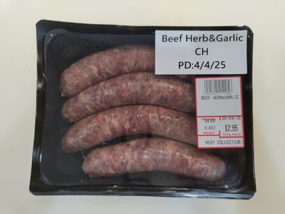 BEEF HERB &amp; GARLIC SAUSAGE - $3.00 PER 100 GMS