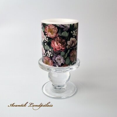 Lampionkerze mit Rosen und Kerzenhalter aus Glas