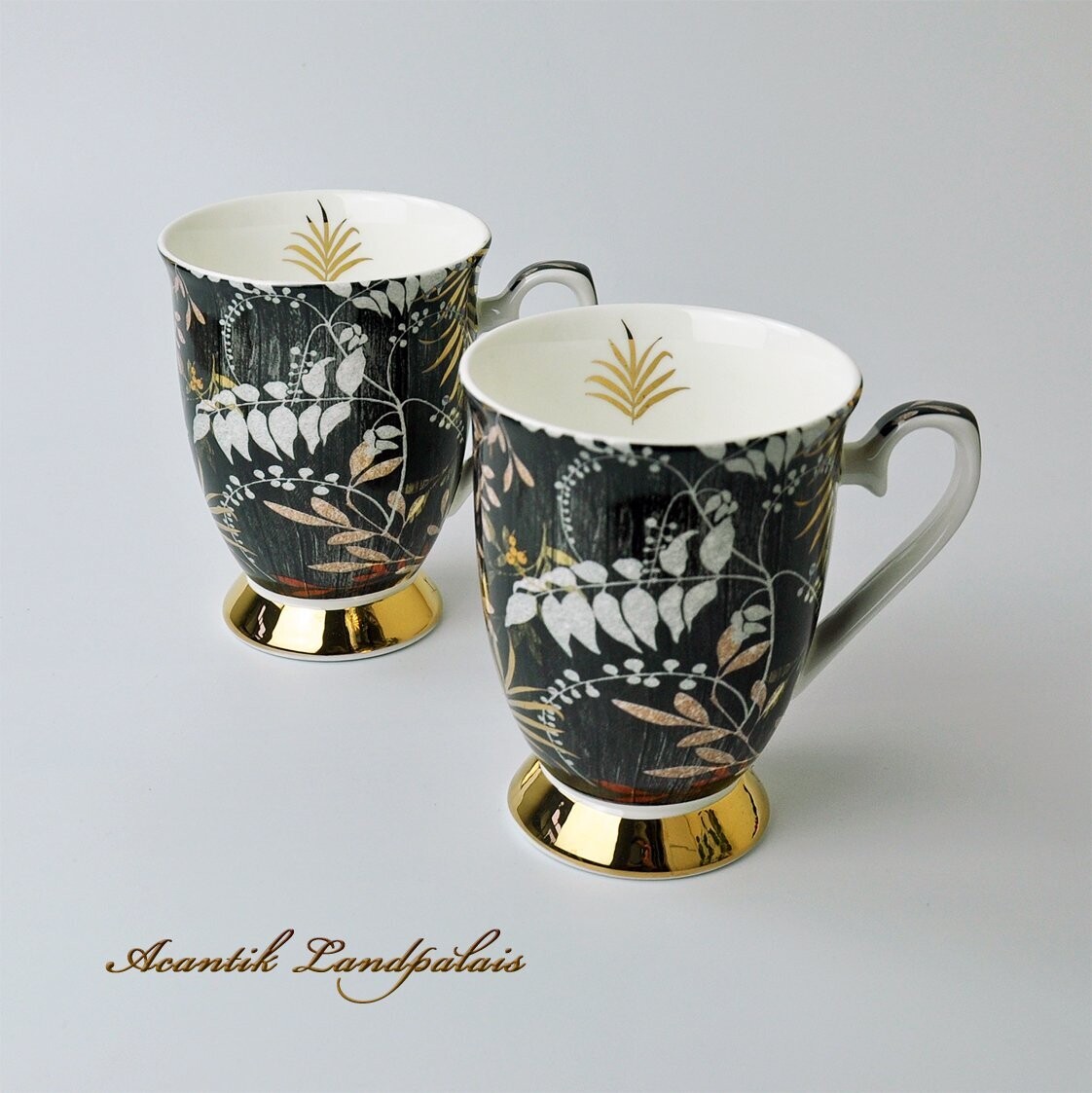 Kaffeebecher Tasse SET mit Golddruck und Naturmotiv