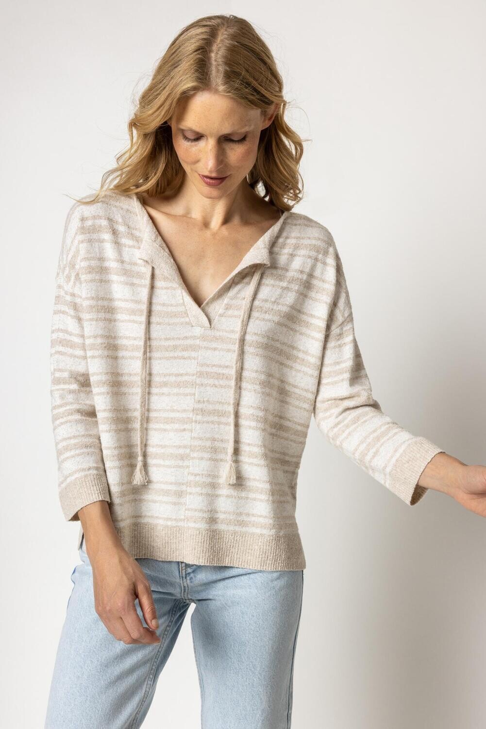 Lilla P Easy Split Neck Sweater in Flax Stripe
