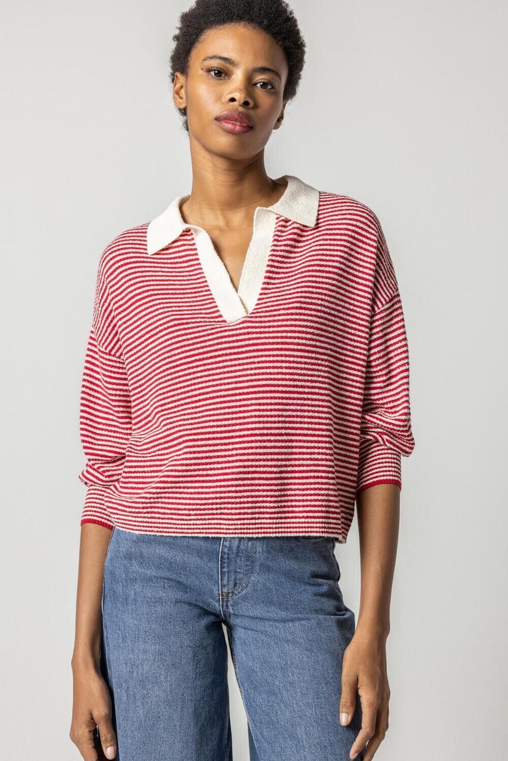 Lilla P Easy Polo Sweater in Ivory/Crimson