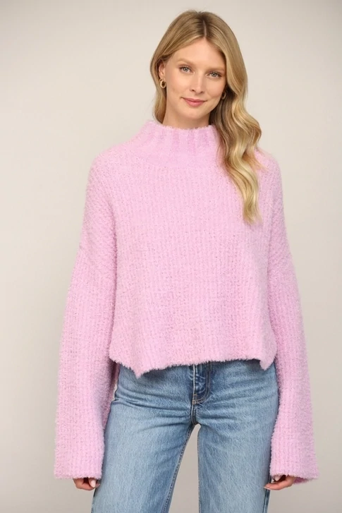 FATE Mock Neck Fuzzy Knit Sweater in Lilac