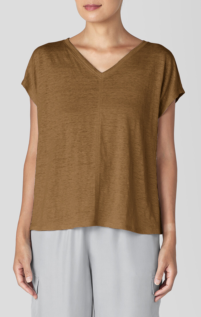Eileen Fisher Organic Linen Jersey V Neck Square Tee in Bronze
